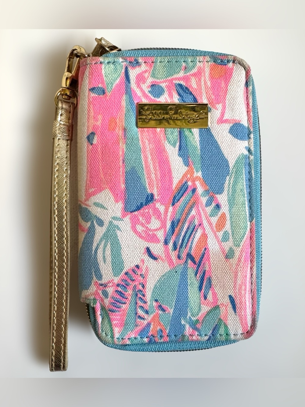 Lilly Pulitzer Southern Charm Zip Wristlet Wallet Wrist Strap Pink Gold READ